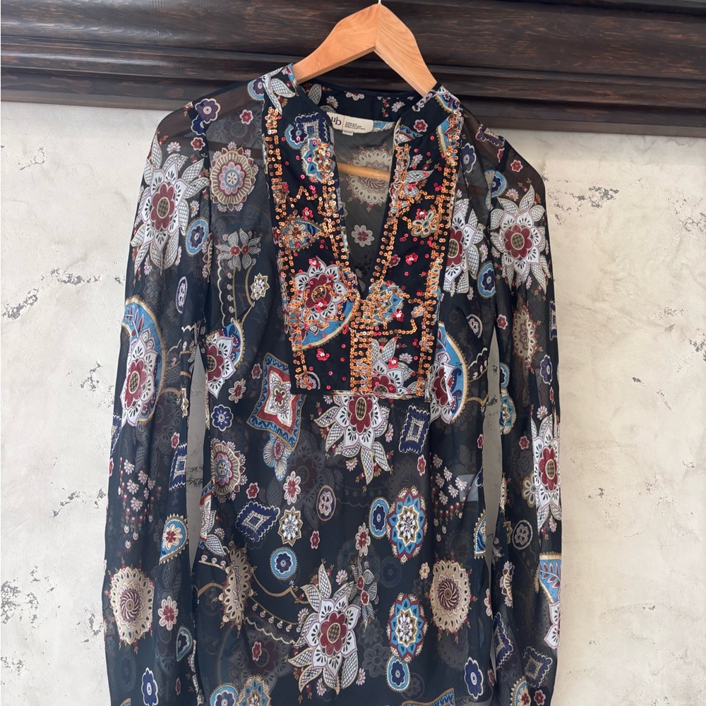 Urban Outfitters Black Floral Blouse with Red and Blue Accents